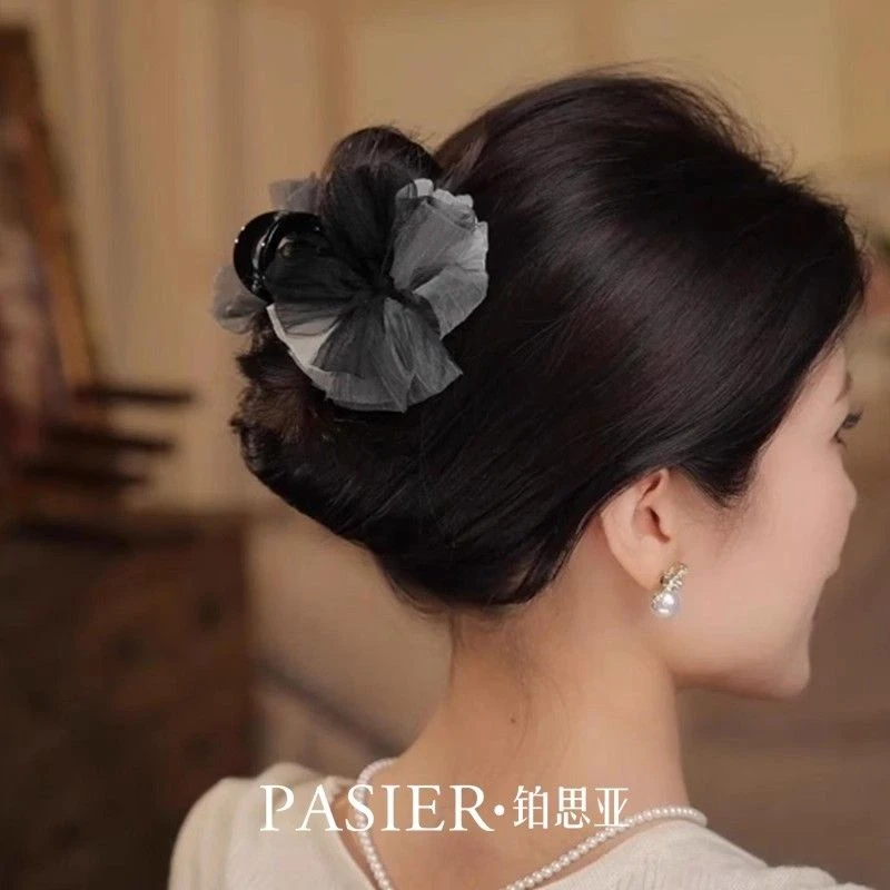 水墨画发夹女款新中式风复古抓夹优雅盘发鲨鱼夹配旗袍头饰黑色