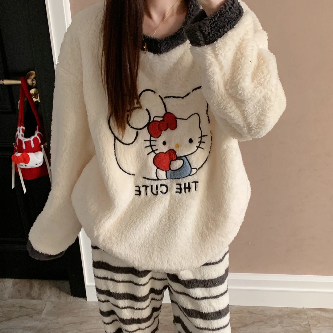 日系ins睡衣女冬季加绒加厚长毛绒圆领套头珊瑚绒保暖家居服套装