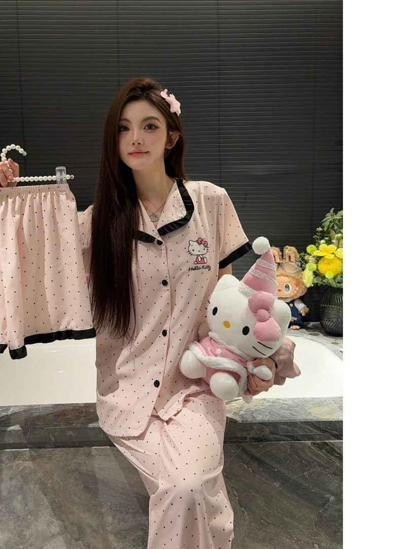 【花边Kitty三件套】新款时尚舒适软冰丝可外穿短袖短裤长裤家居服