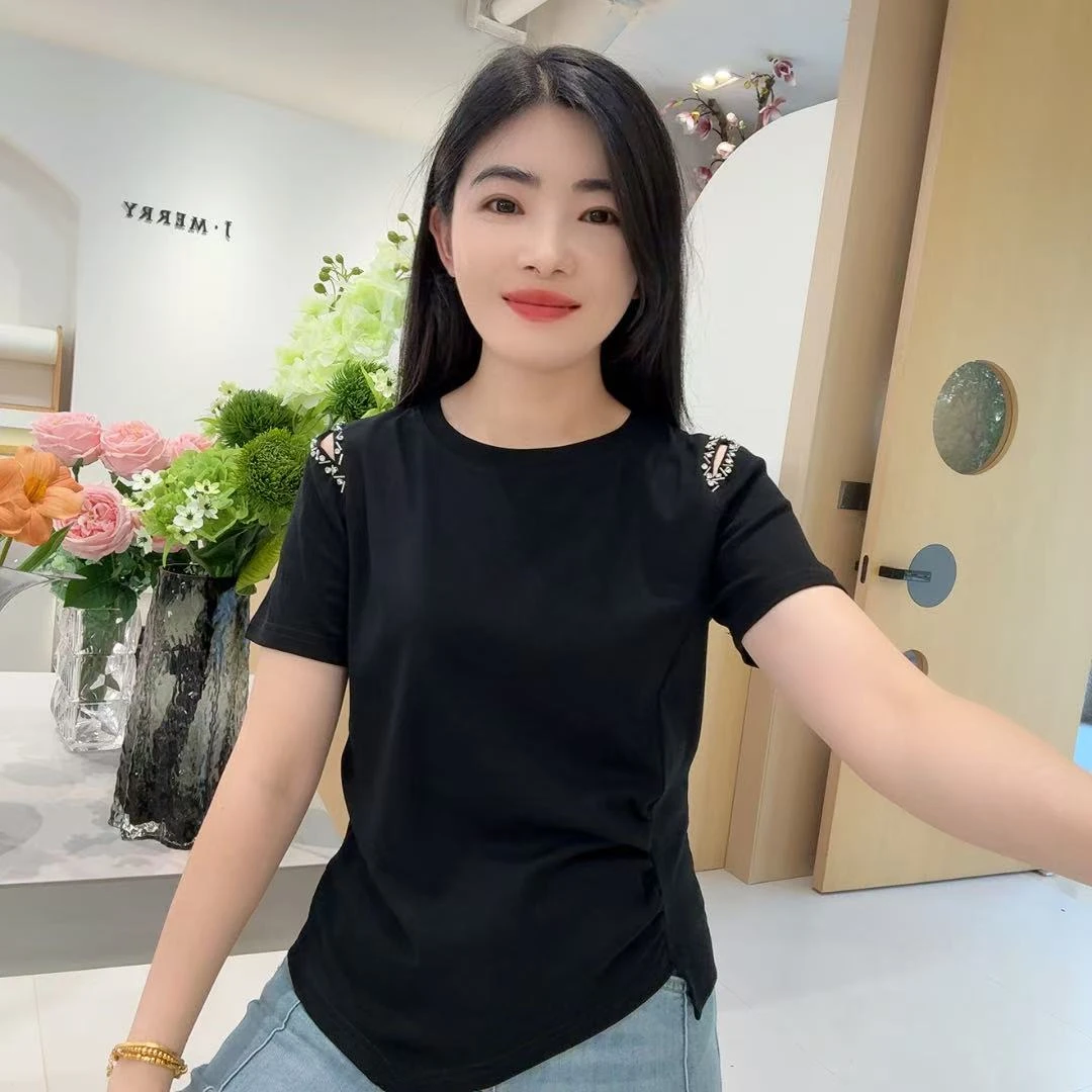 QC 253209 圆领气质镂空钉钻不规则收腰短袖T恤