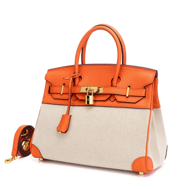 私人订制欧美新款女包头层牛皮配帆布时尚铂金包女士手提包单肩包