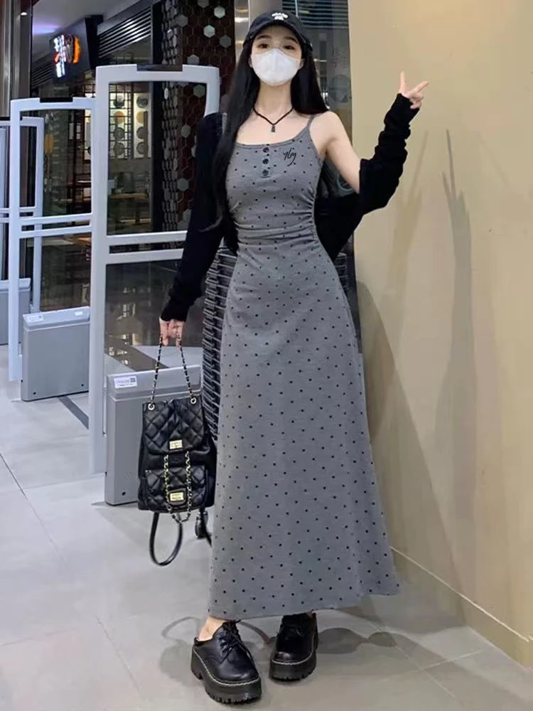 法式气质灰色波点吊带连衣裙女设计感收腰显瘦裙包臀长裙两件套