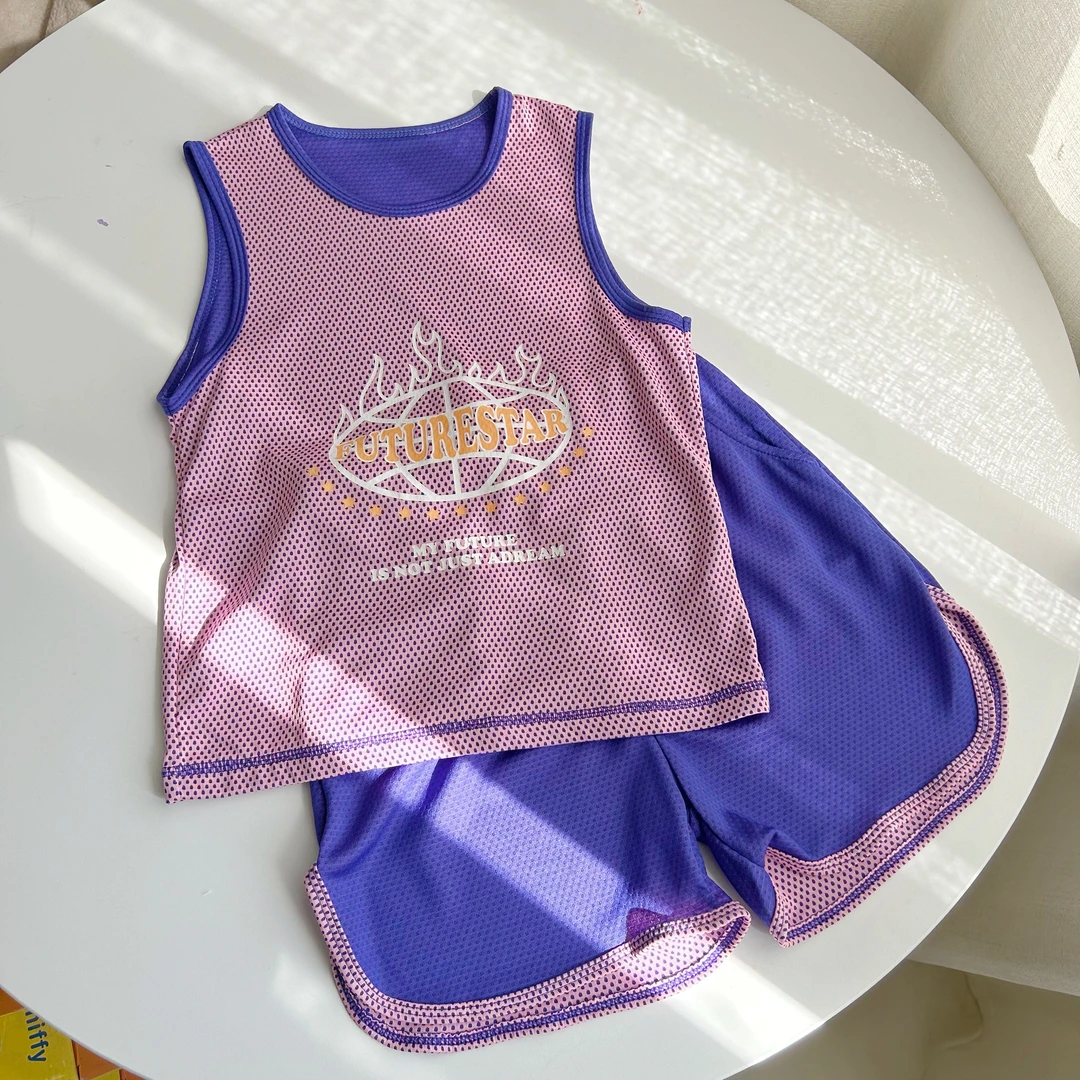 新款夏季儿童透气网眼速干背心短裤套服601