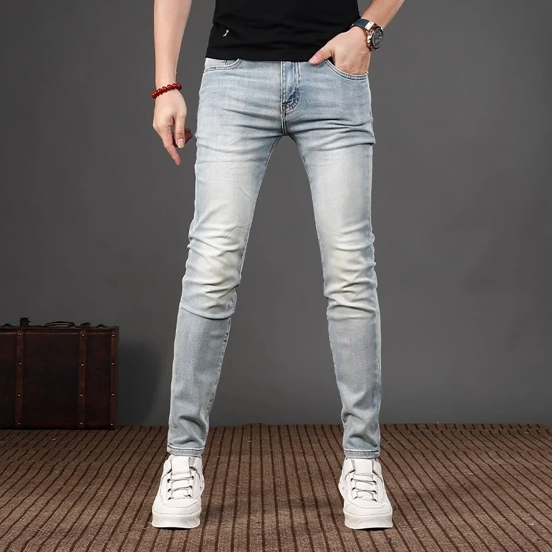 潮牌修身浅蓝色夏季薄款牛仔裤男印花潮流小脚休闲男百搭高端裤子