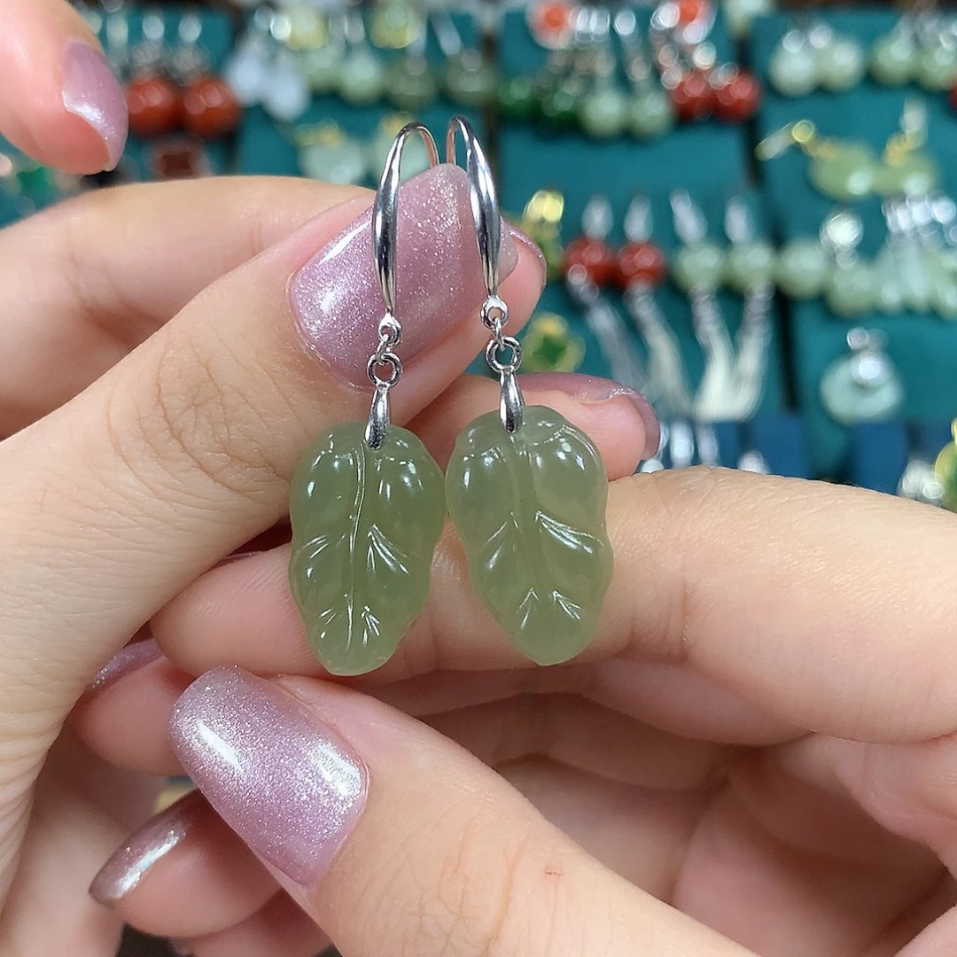 和田玉银S925镶嵌耳饰金枝玉叶19.5*12左右