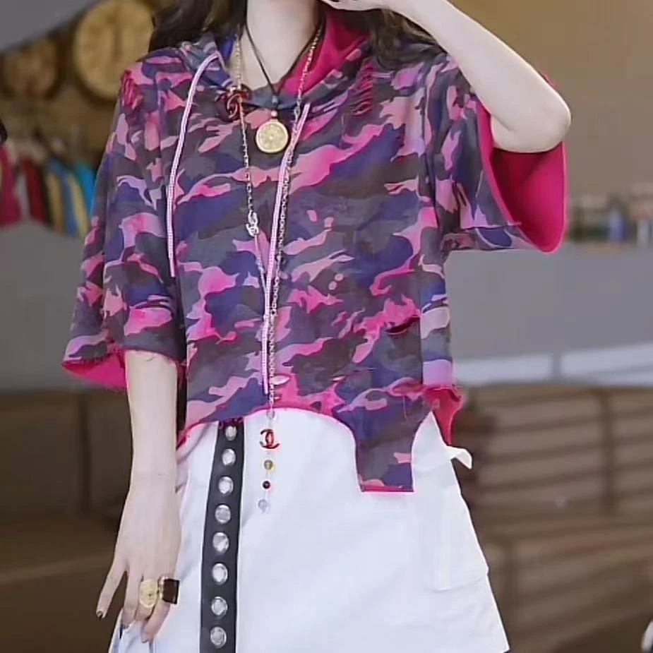 96002#连帽割烂迷彩上衣