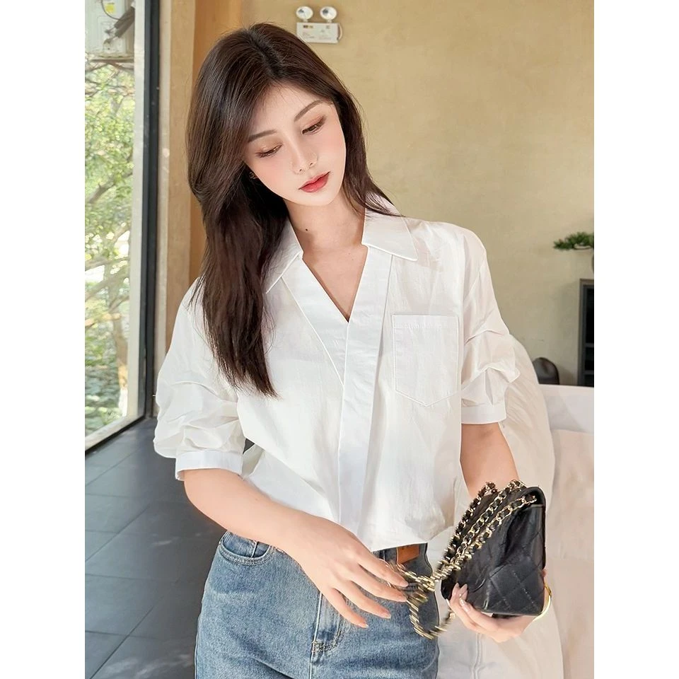 法式白色v领短袖衬衫女夏装2025夏季新款职业通勤百搭上衣衬衣女
