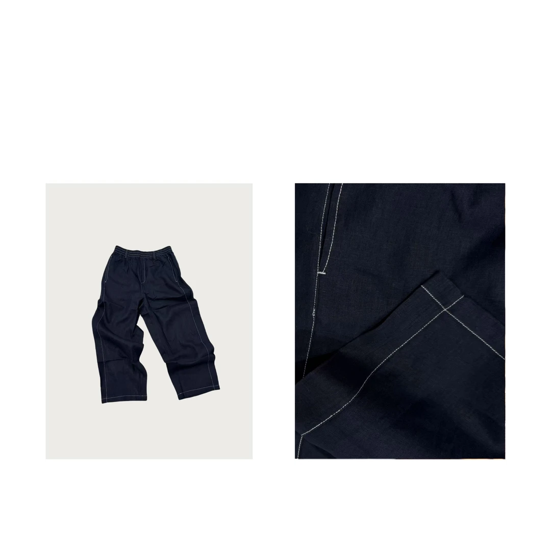 MAINRAY-「版型HAO」简约明线红标刺绣藏青色亚麻休闲裤