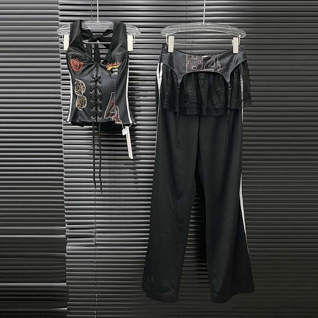 付新博女装网眼时尚套装女小众辣妹球衣背心+休闲裤两件套13976