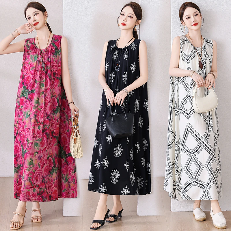 大码妈妈装新款夏季中老年棉绸连衣裙背心裙中长款过膝吊带长裙子