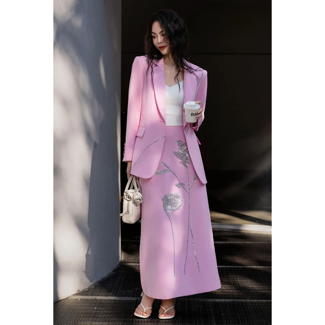 ZEROYK春季高端职业套装设计感御姐气质钉珠西服半身裙时髦两件套