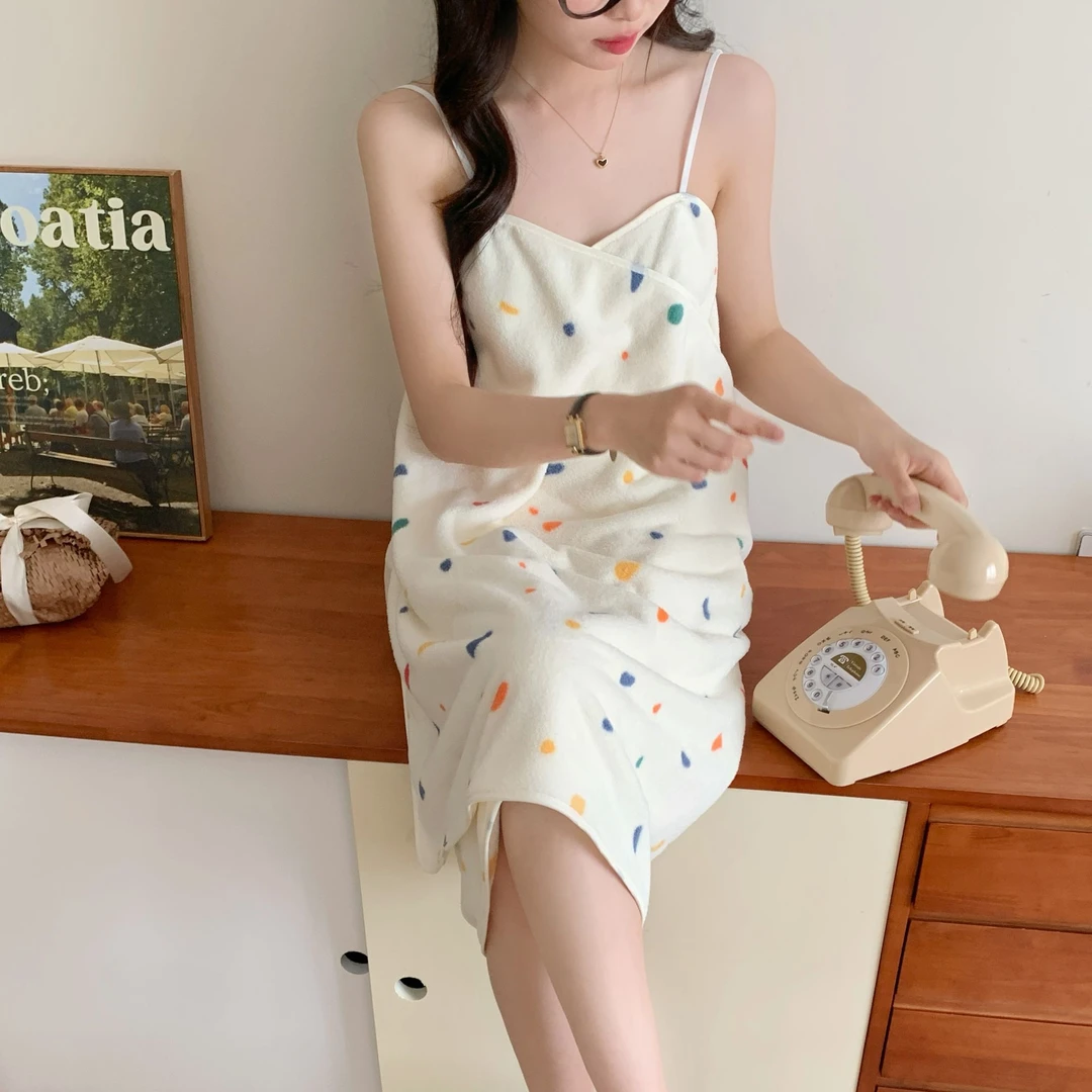 KENENG/柯能-可爱波点穿戴式浴袍吊带女浴衣纯欲风夏日-浴巾/浴裙