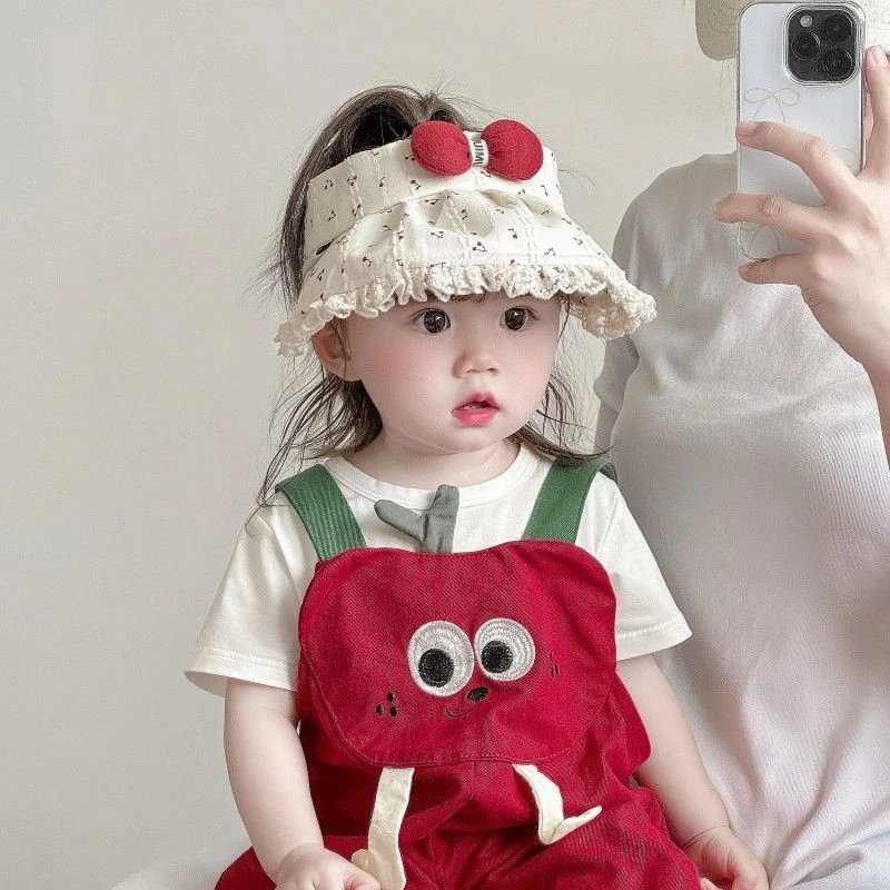 婴儿遮阳帽夏天甜美樱桃太阳帽大帽檐宝宝空顶帽户外儿童防晒凉帽