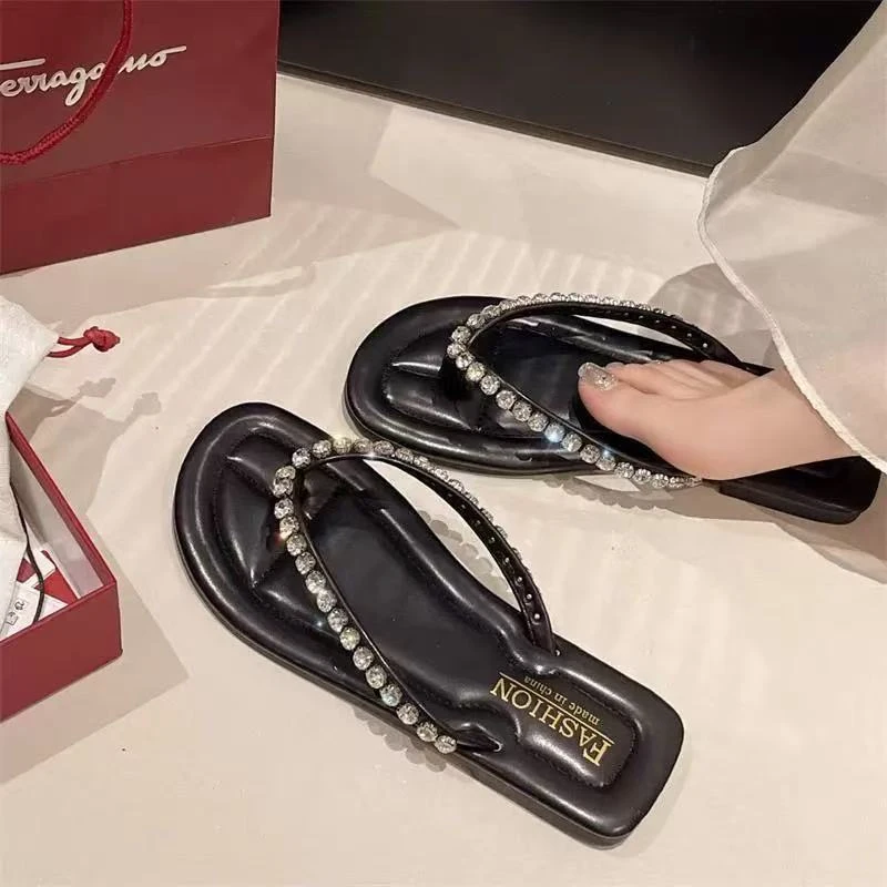 夏休闲款法式拖鞋女新款仙女风夹脚拖鞋528（夹脚水钻拖鞋）