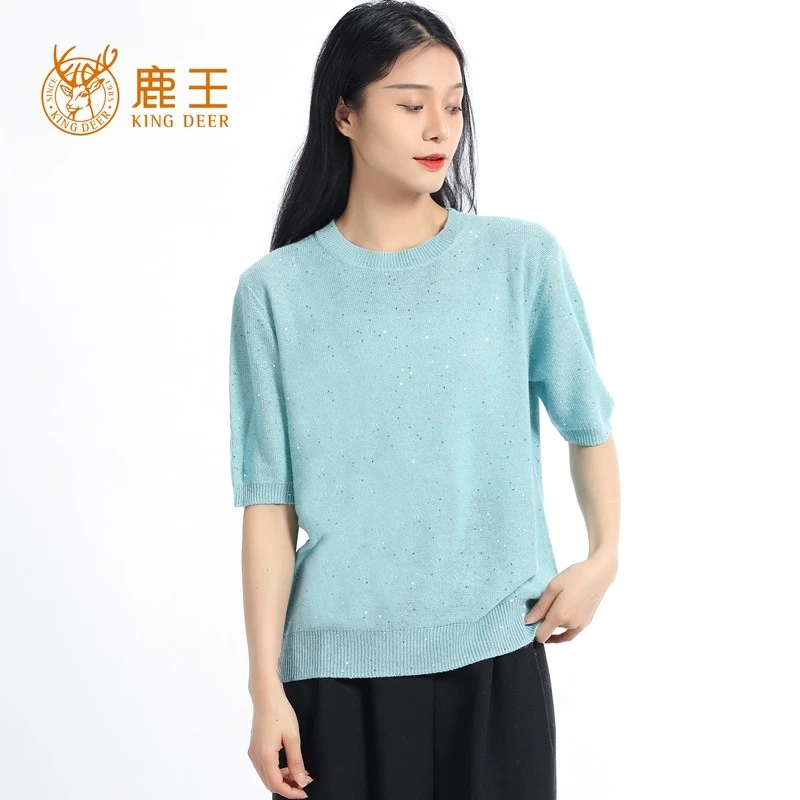 鹿王24新款女圆领丝绒混纺休闲百搭针织短袖套衫 G214