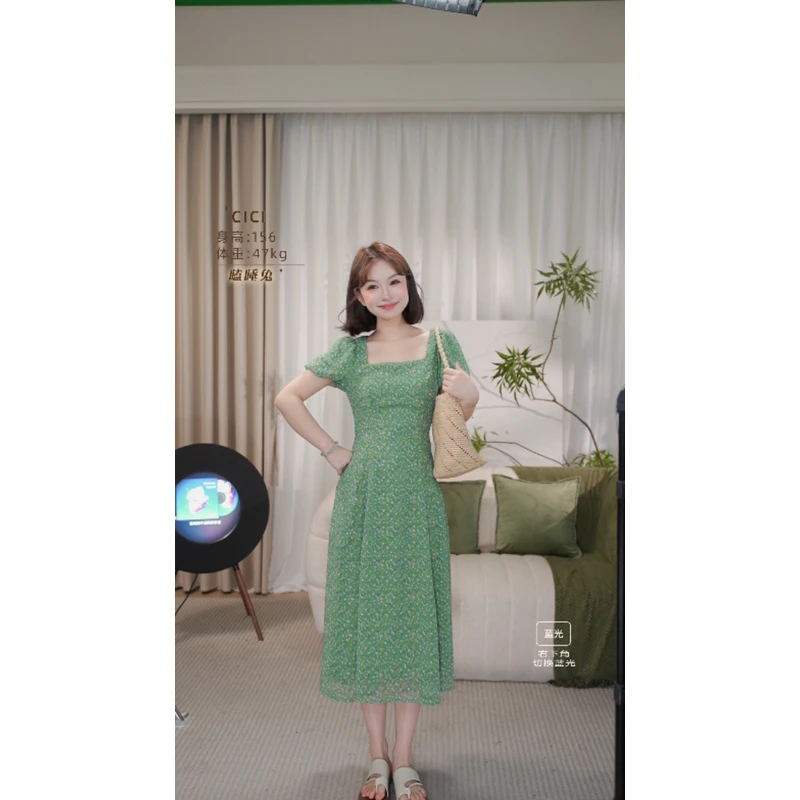 瞌睡兔定制【现货-绿野奇境】夏季法式显瘦清新绿色碎花森系连衣裙