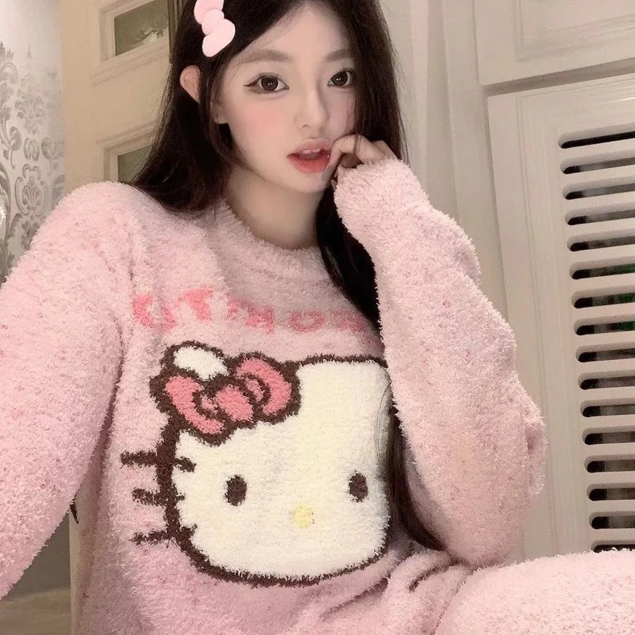 2025秋冬新款半边绒加厚保暖Kitty猫可爱女士睡衣套装