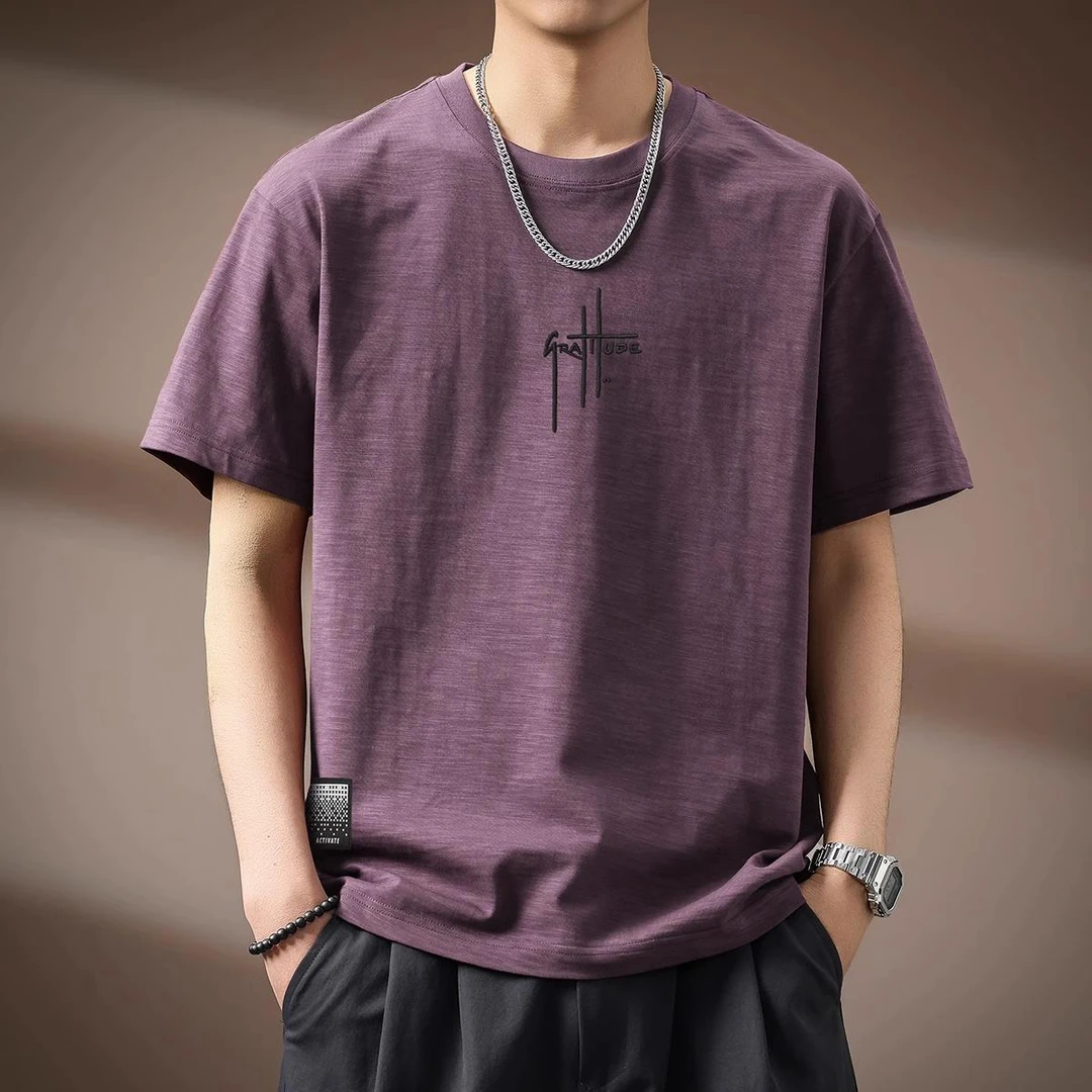 网红款高端竹节男刺绣短袖T恤男夏季新款美式宽松纯男休闲上衣