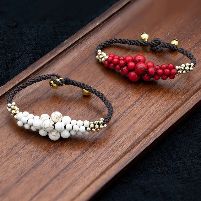 铜合金手链 民族风红石头手链红绳串珠手串手绳古风女款情侣配饰