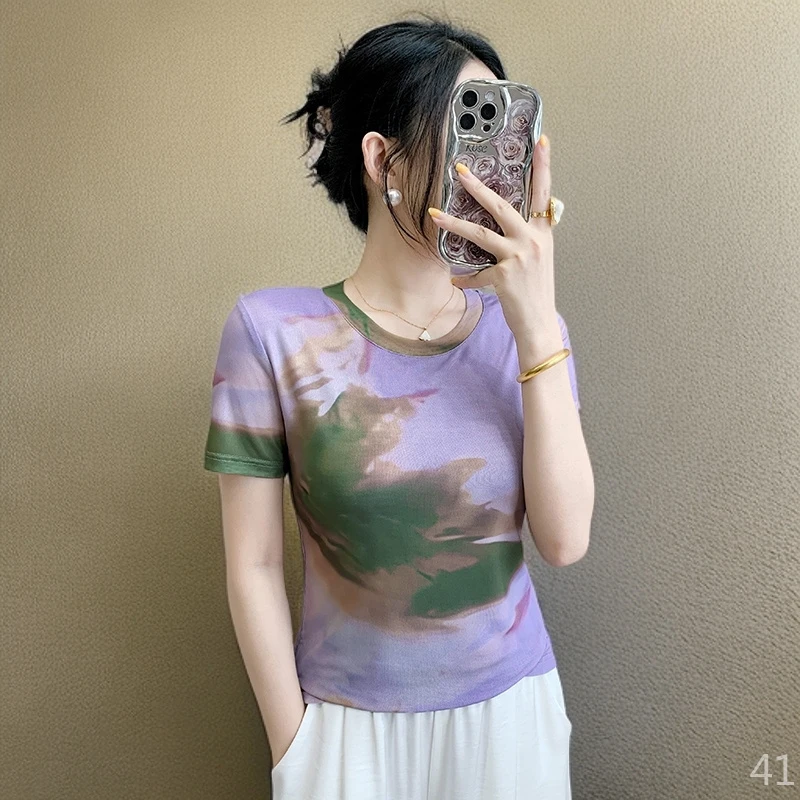 修身微胖高档正版网纱上衣短袖女洋气衣服纱衣潮t恤时尚气质小衫