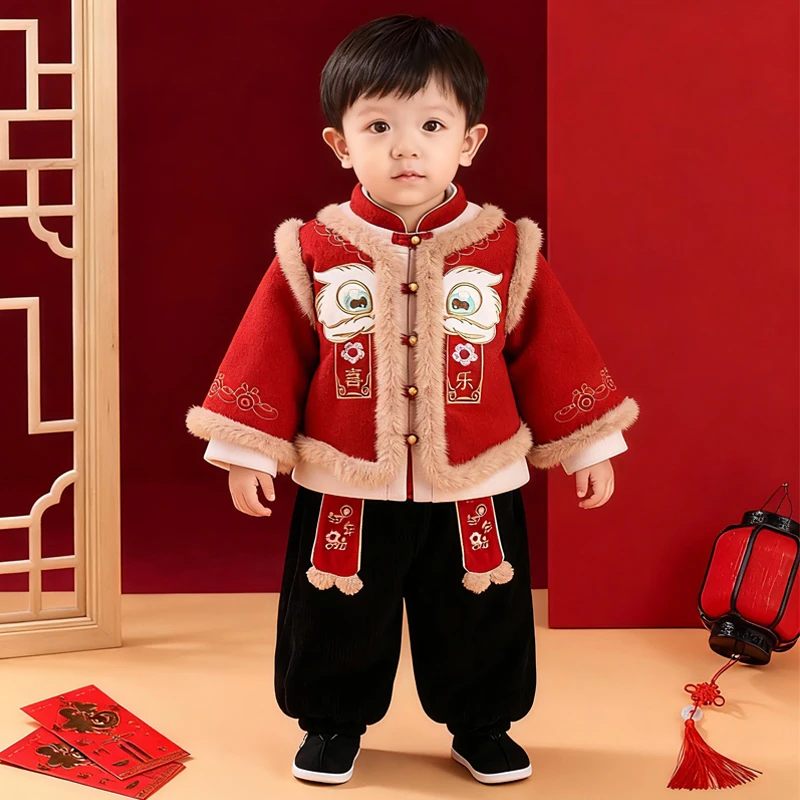 KUXA韩国潮牌宝宝周岁礼服男童国风新年装套装儿童秋冬加厚拜年服