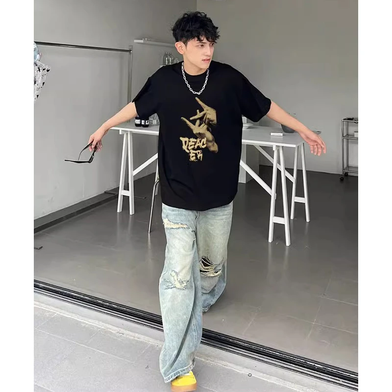 美式休闲重磅270g小领口短袖t恤男夏季街头潮牌oversize纯棉上衣