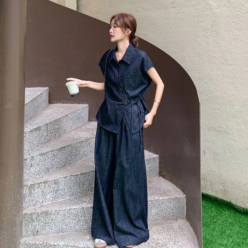 【现货】25夏装新款不规则牛仔套装2C055-5050-P15韩范气质春夏装