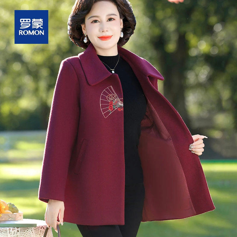 罗蒙气质妈妈春秋装毛呢外套女新款时尚新中式中年女装呢子大衣