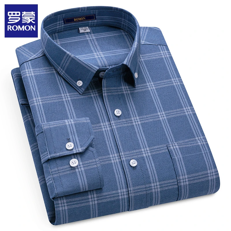 罗蒙100%纯棉男士衬衫新款牛津纺长袖衬衣中青年休闲条纹格子上衣
