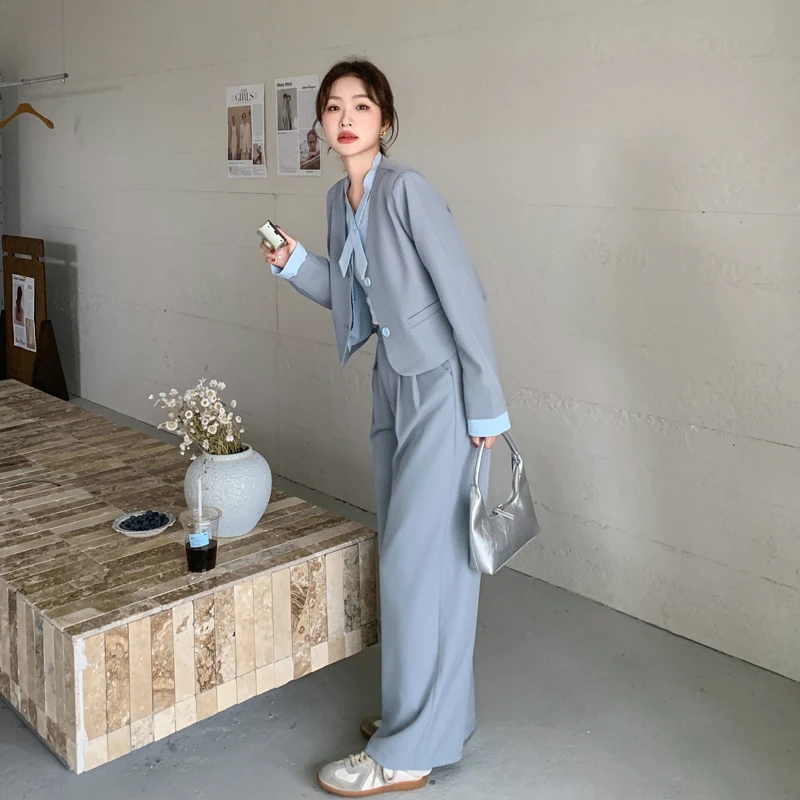 撞色拼接外套阔腿裤套装女秋季新款2025韩系设计感小众休闲两件套