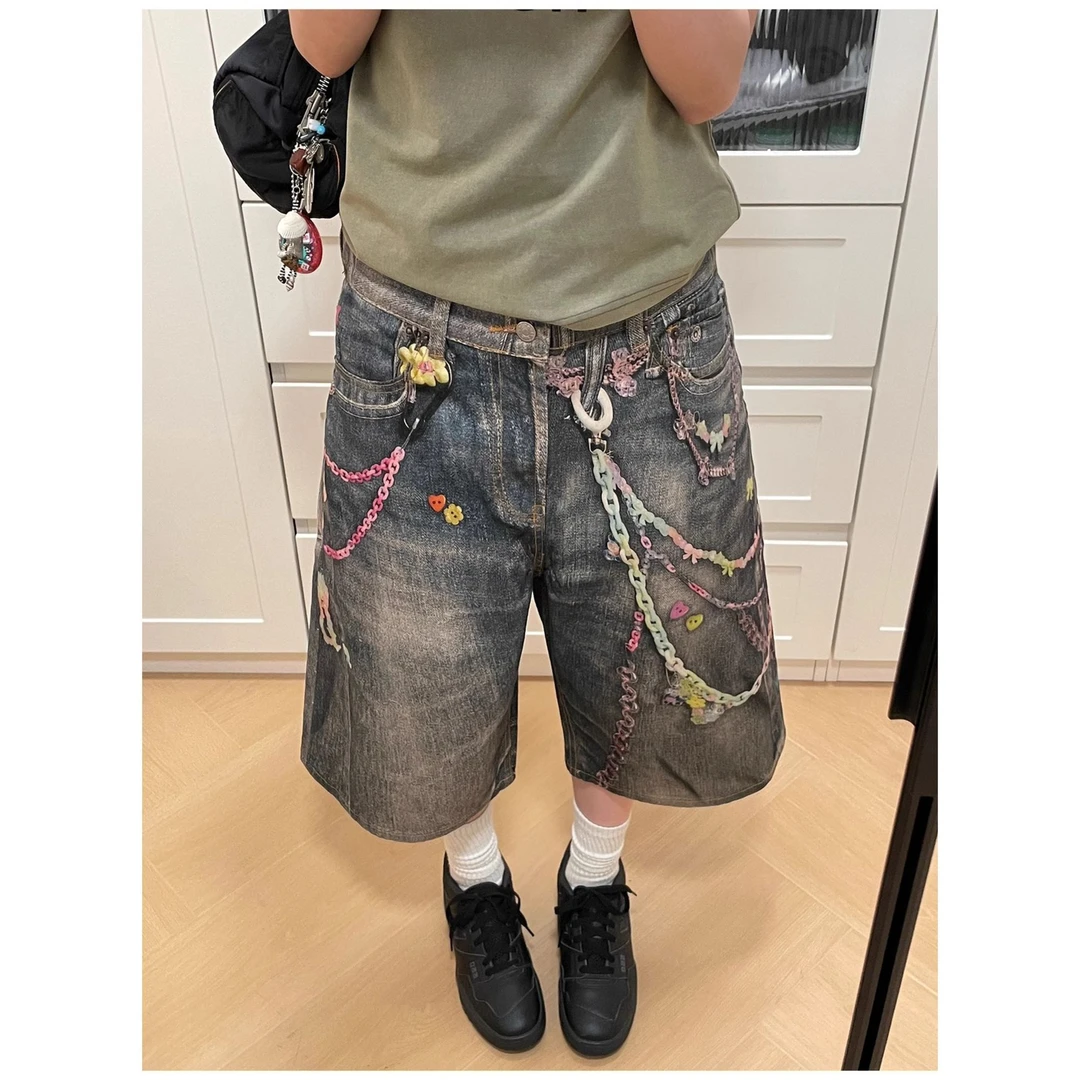 数码链条涂鸦印花水洗七分牛仔裤男女夏季宽松百搭直筒帅气中裤潮