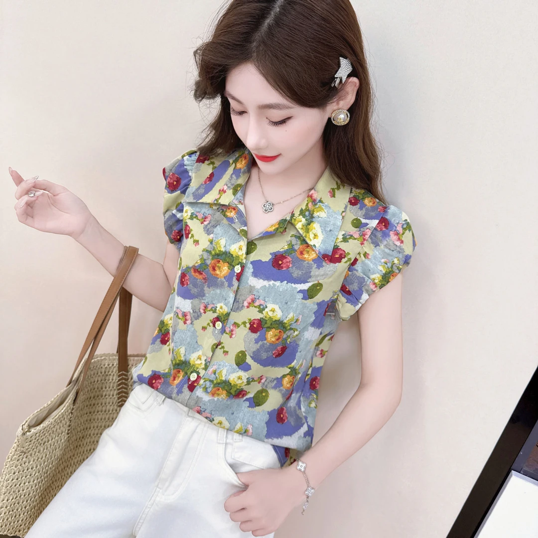 短袖洋气显瘦雪纺衫印花橘色衬衫印花夏季碎花温婉碎花小飞袖上衣
