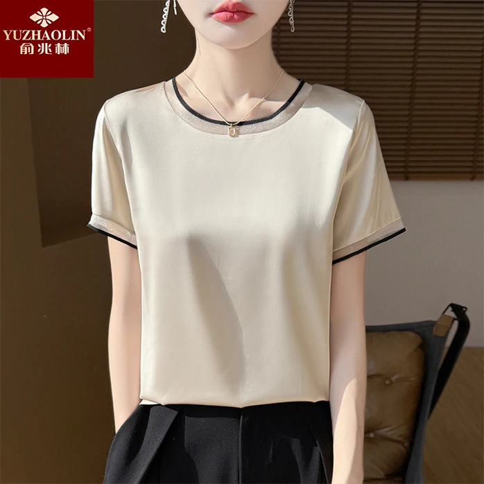 俞兆林夏季醋酸缎面蕾丝宽松大码短袖T恤女新款短袖宽松显白上衣