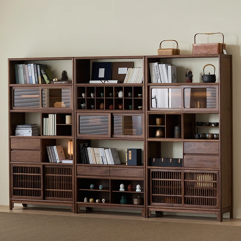 新中式博古架实木茶架黑胡桃木展示柜老榆木置物架收纳柜茶室