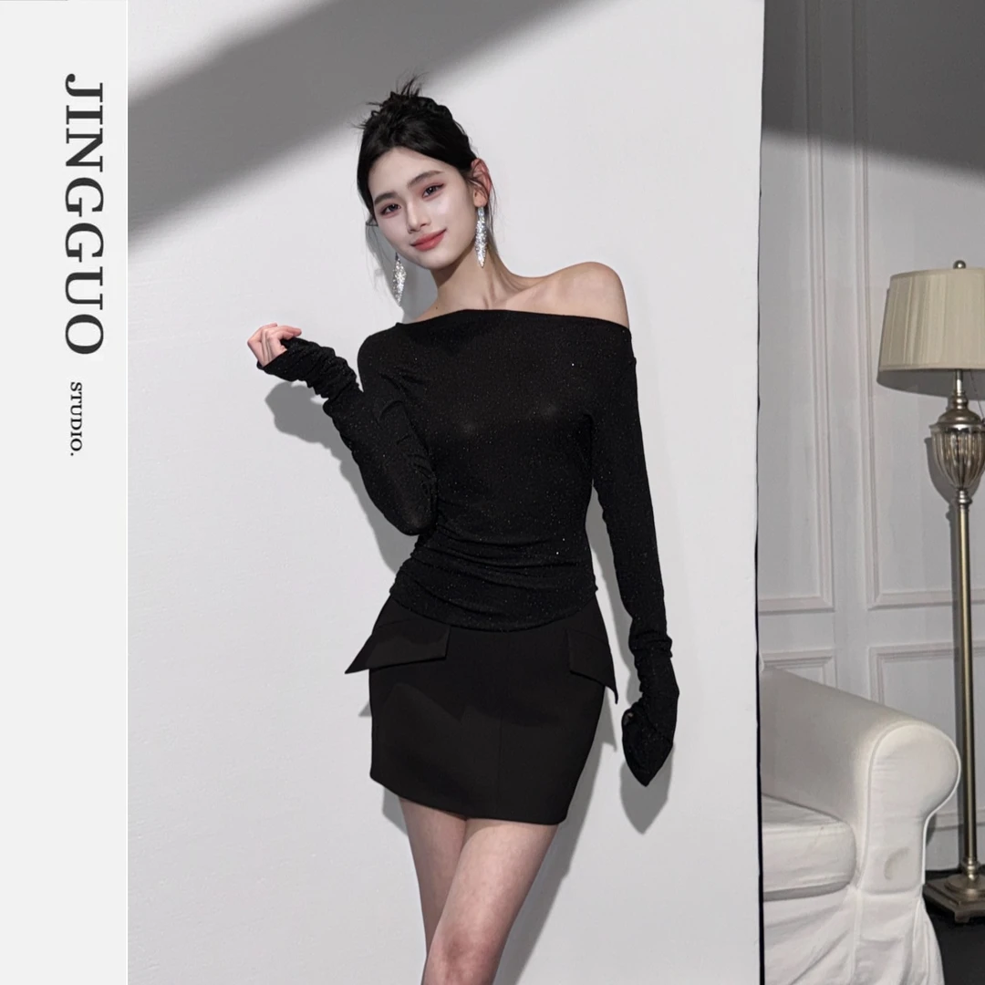 【JINGGUO轻奢】小众高级感多种穿法斜肩烫钻细闪上衣➕半身短裙7208