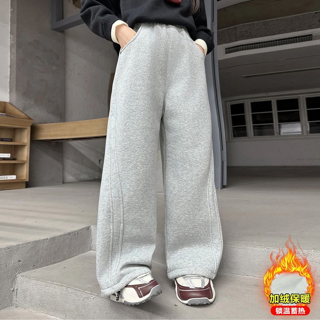 女童加绒裤子秋冬装女大童洋气卫裤女孩弯刀裤初中生超好看运动裤