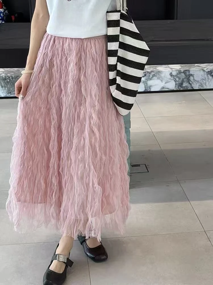 2025夏季松紧腰波浪纹褶皱蓬蓬网纱半身裙1205