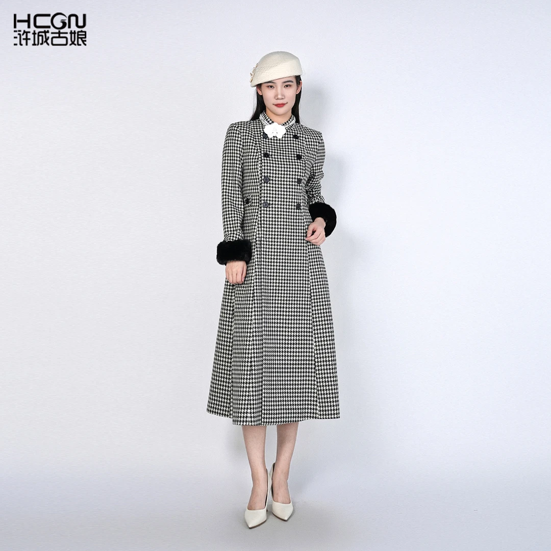 绵羊毛中式千鸟格收腰显瘦气质立领福韵相连战袍连衣裙HASS020007