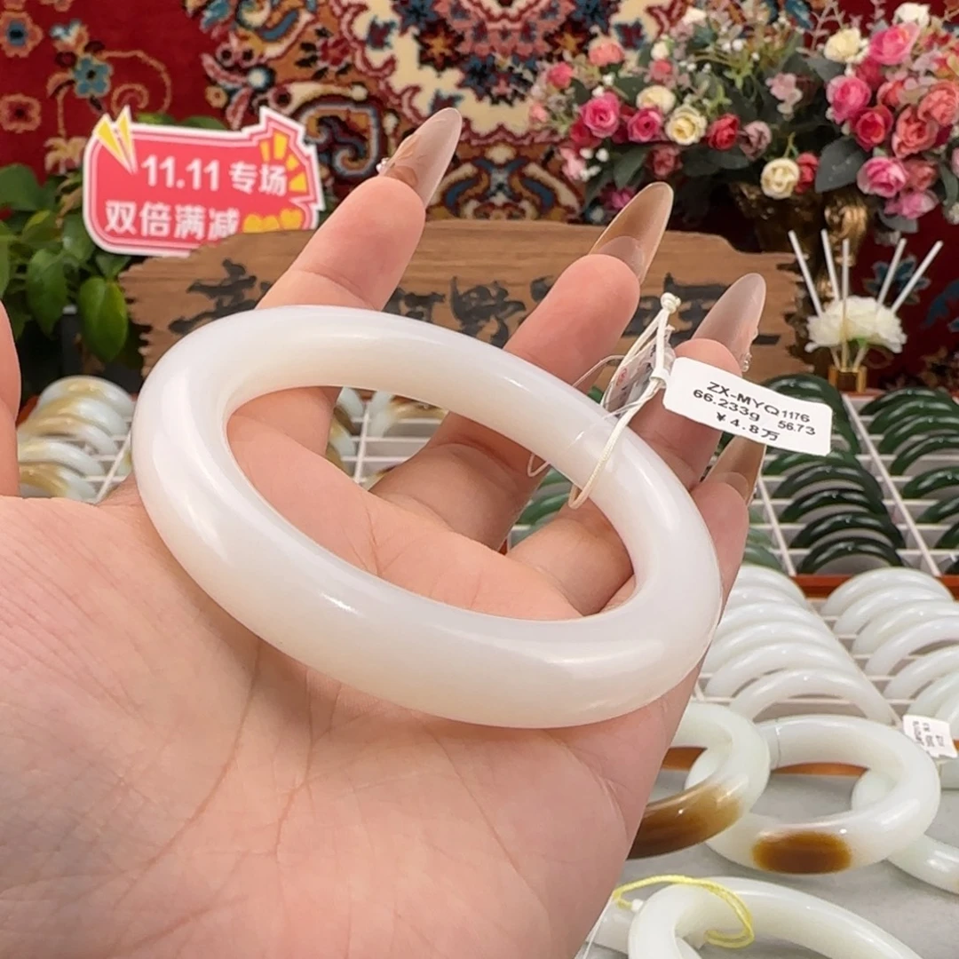 和田玉未镶嵌手镯天然和田玉羊脂白玉手镯柔光圆条条宽11+油糯