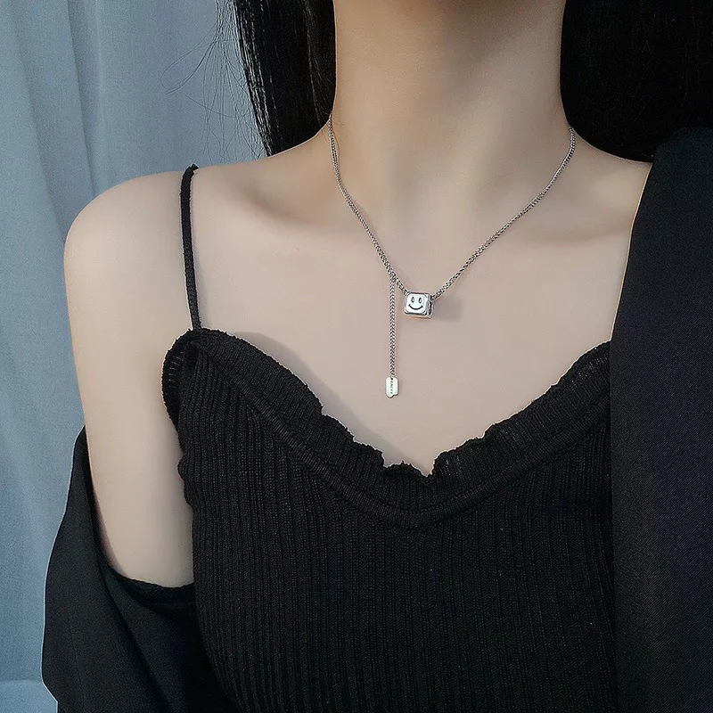 坠链均925银合成锆石 925纯银饰笑脸五角星吊坠T恤项链韩版ins风