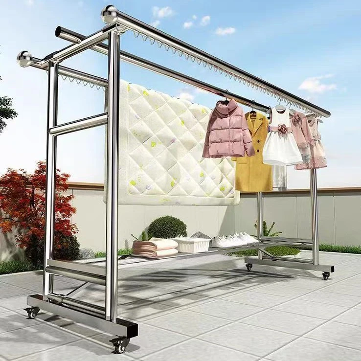 双杆式不锈钢晾衣架户外防风防锈加粗加厚家用阳台折叠挂衣杆