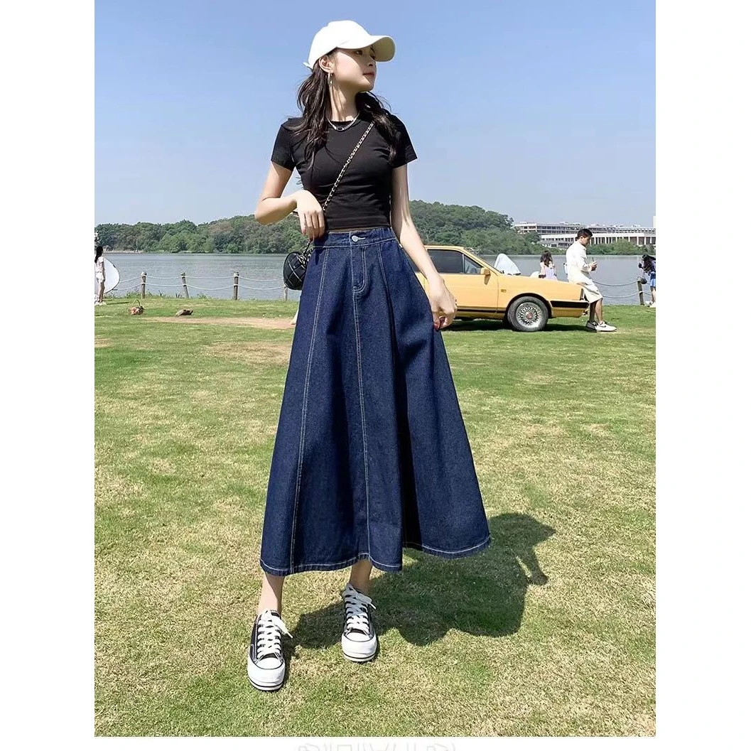 拉夏贝尔时尚宽松牛仔半身裙女夏季2025新款高腰小个子大摆伞裙子