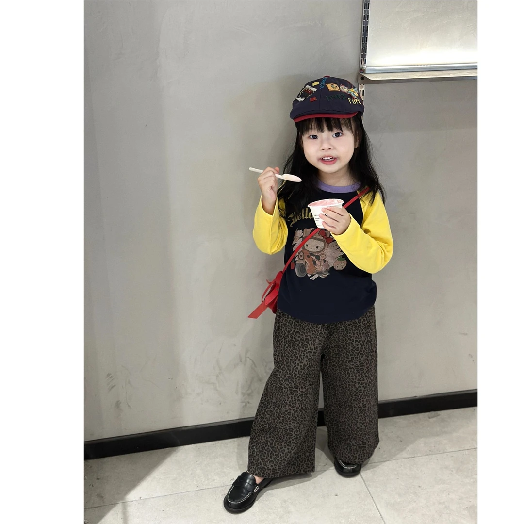壹妈韩版童装女童秋装套装洋气儿童拼色卡通kt猫t恤上衣豹纹长裤