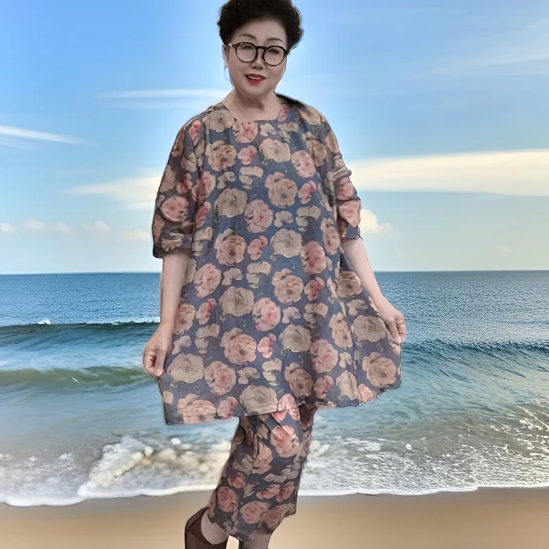 【贵丽坊】新款田园风复古花套装加肥加大休闲百搭宽松套装 5171