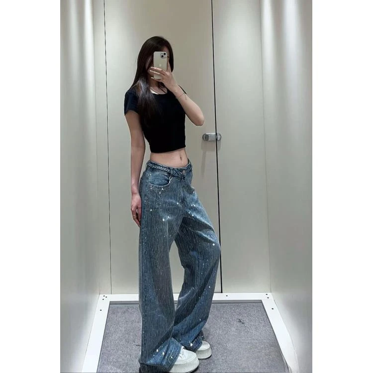 高街复古潮牌夏季薄款满钻麻花爆闪超重工水洗高腰阔腿牛仔裤
