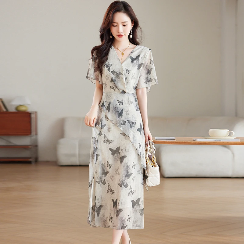 高腰夏季套头不规则裙蝴蝶2025连衣裙气质法式优雅芭蕾风收腰裙子