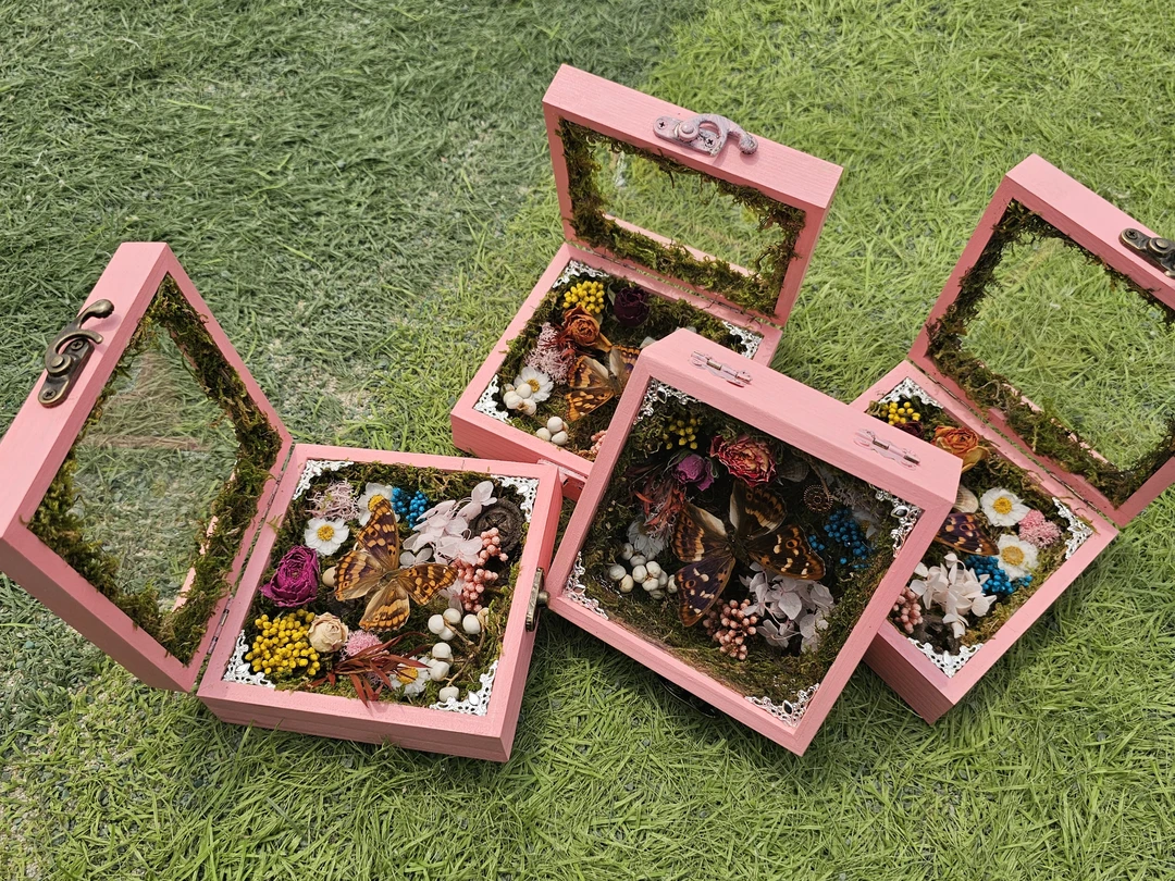 Haimiu艺术节镂空无海浪流麻版粉色花园蝴蝶盒子标本网红爆款