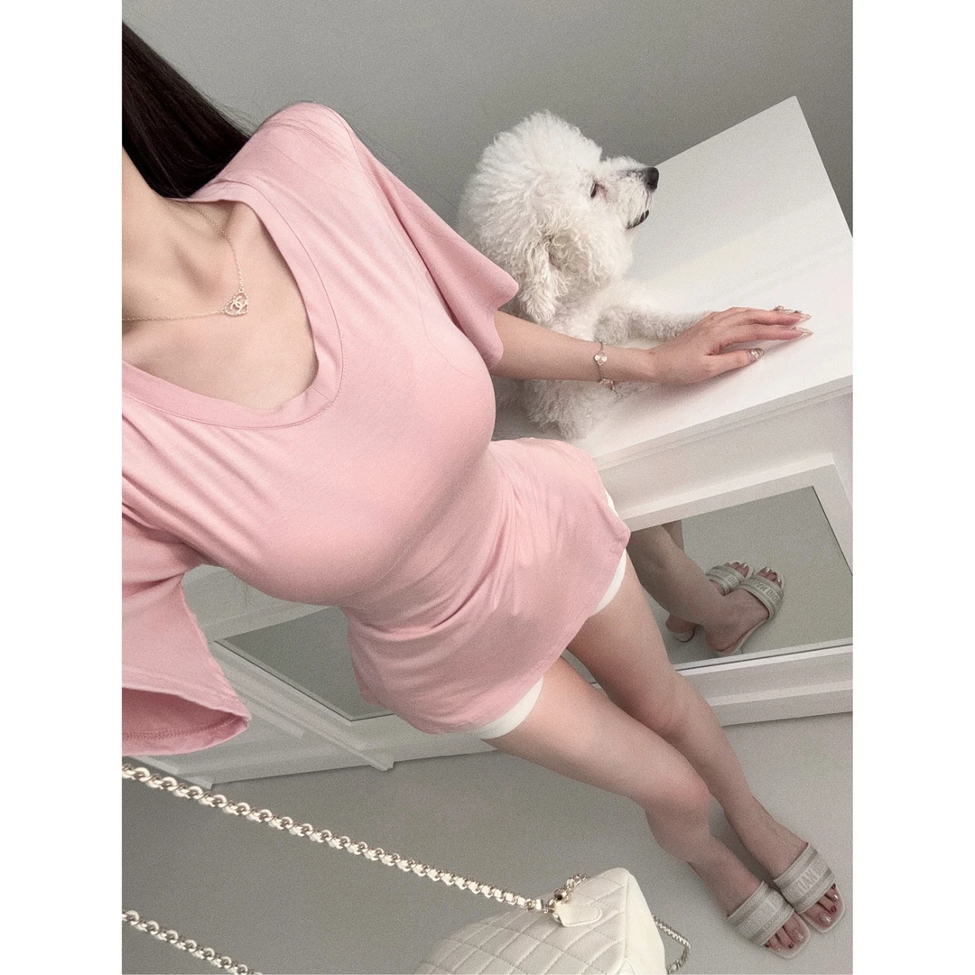 BEI226【冰皮面膜】设计感宽松收腰短袖T恤女夏季2025正肩上衣