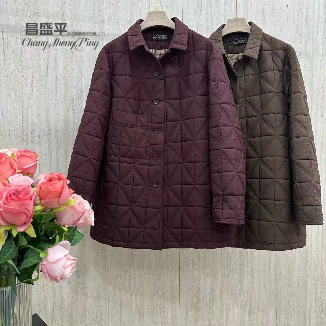 C【洋气夹棉大衣外套】中长款女士翻领大码外套秋冬季棉服妈妈装