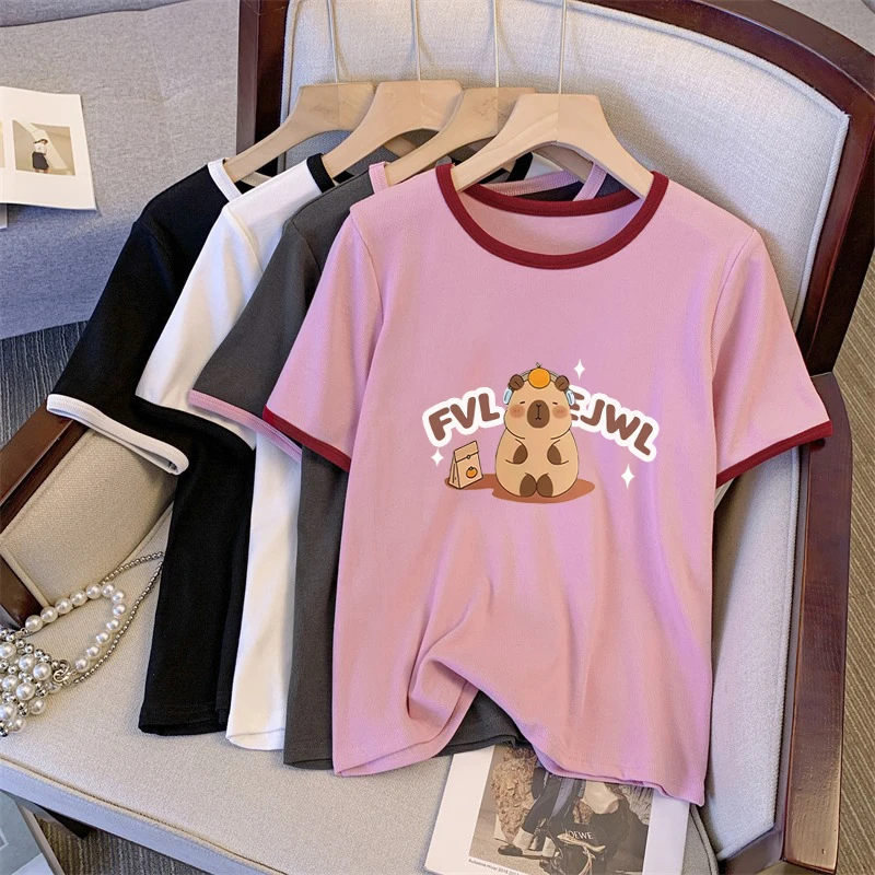 大码200斤简约拼接撞色卡通印花正肩短袖t恤女夏季休闲百搭上衣潮